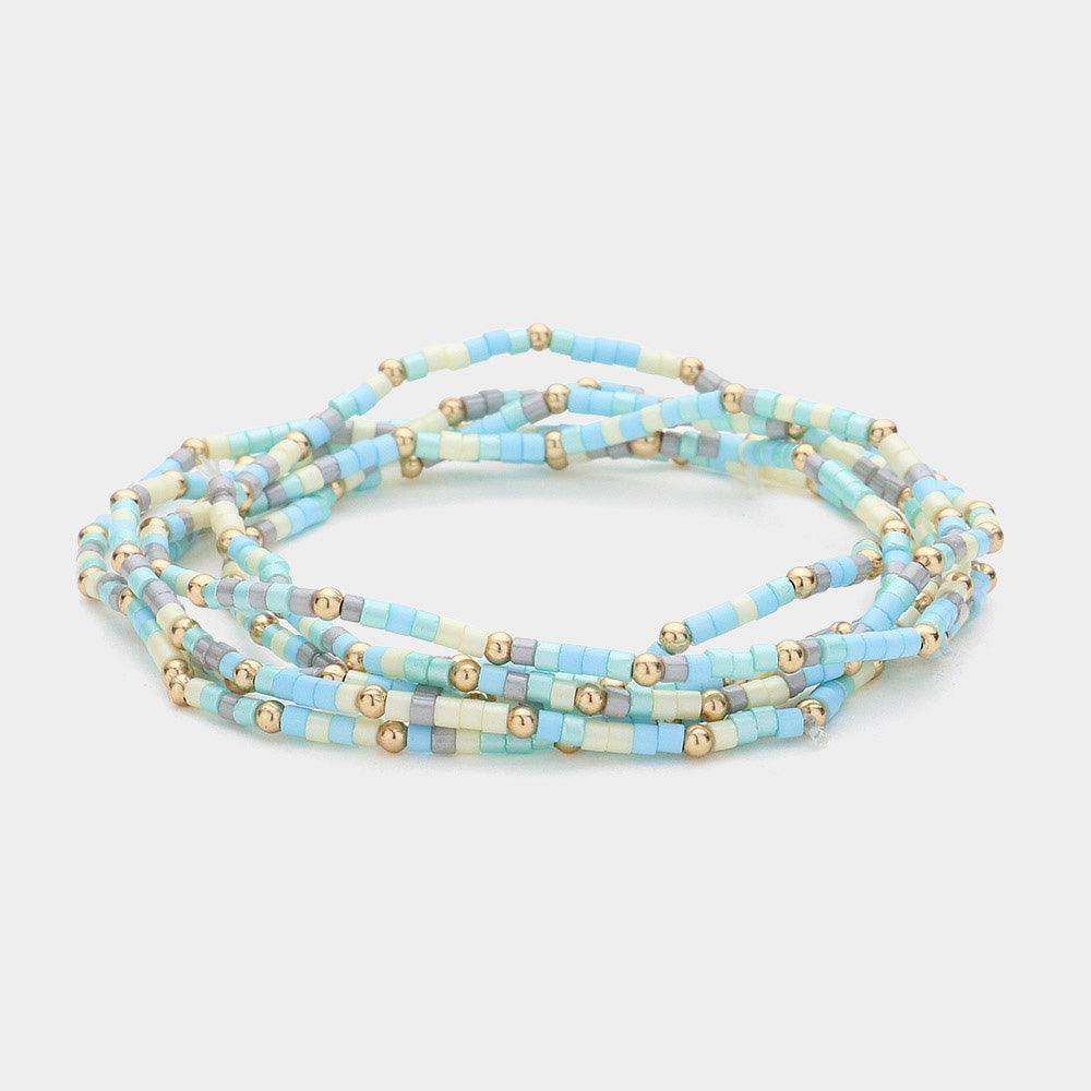 Turquoise 6PCS - Metal Ball Pointed Tube Beaded Stretch Multi Layered Bracelets - Jewelry Store by Erik Rayo