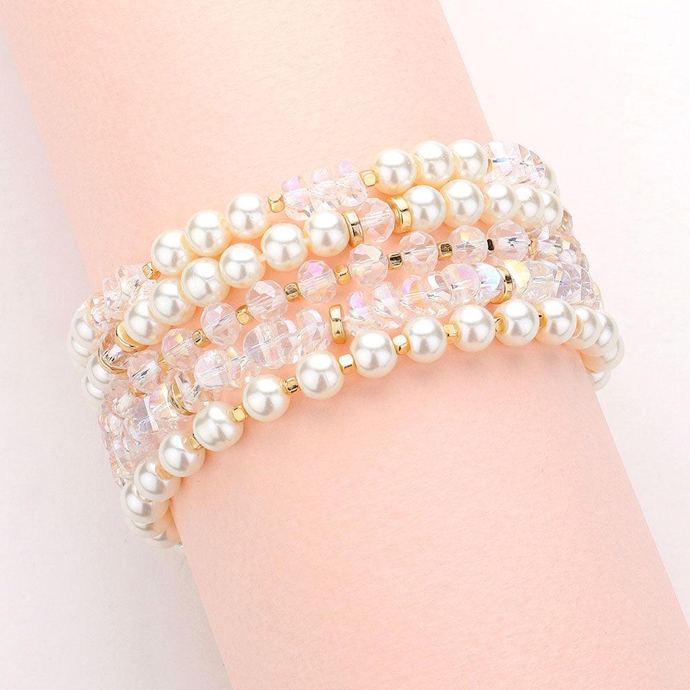 Clear 5PCS - Pearl Faceted Beaded Stretch Multi Layered Bracelets - Jewelry Store by Erik Rayo