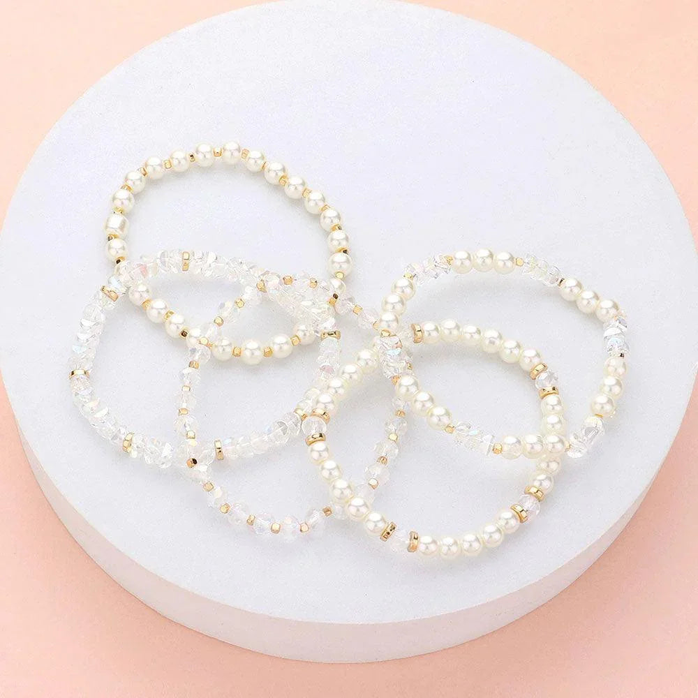 Clear 5PCS - Pearl Faceted Beaded Stretch Multi Layered Bracelets - Jewelry Store by Erik Rayo