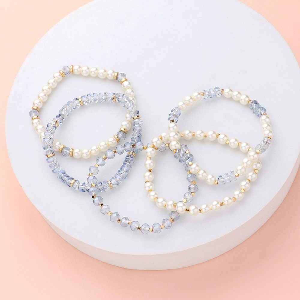 Blue 5PCS - Pearl Faceted Beaded Stretch Multi Layered Bracelets - Jewelry Store by Erik Rayo