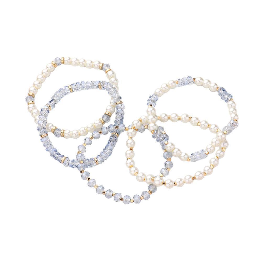 Blue 5PCS - Pearl Faceted Beaded Stretch Multi Layered Bracelets - Jewelry Store by Erik Rayo