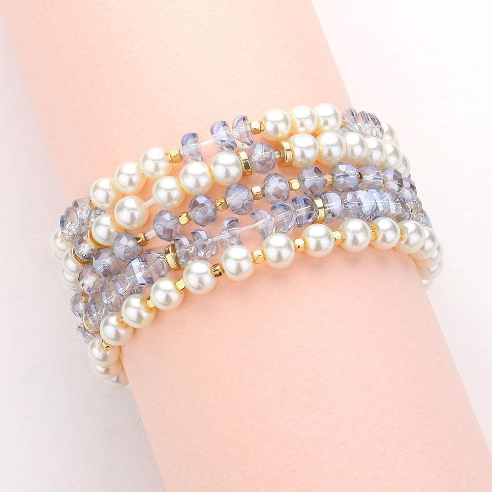 Blue 5PCS - Pearl Faceted Beaded Stretch Multi Layered Bracelets - Jewelry Store by Erik Rayo