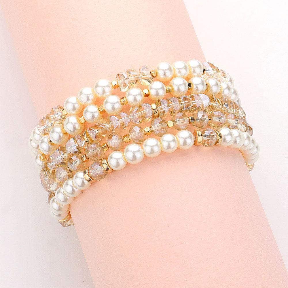 5PCS - Pearl Faceted Beaded Stretch Multi Layered Bracelets