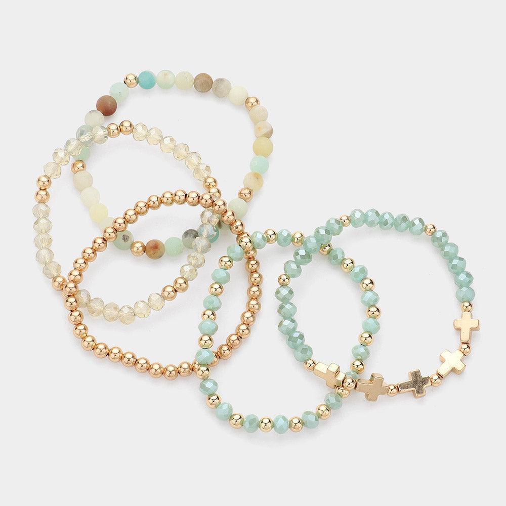 5PCS - Meatal Cross Ball Faceted Beads Natural Stone Beaded Stretch Multi Layered Bracelets - Jewelry Store by Erik Rayo
