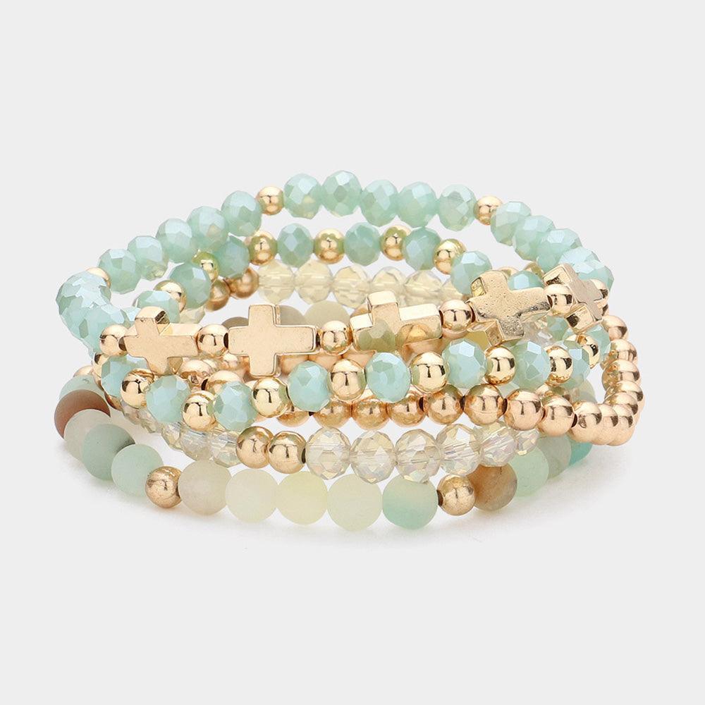 5PCS - Meatal Cross Ball Faceted Beads Natural Stone Beaded Stretch Multi Layered Bracelets - Jewelry Store by Erik Rayo