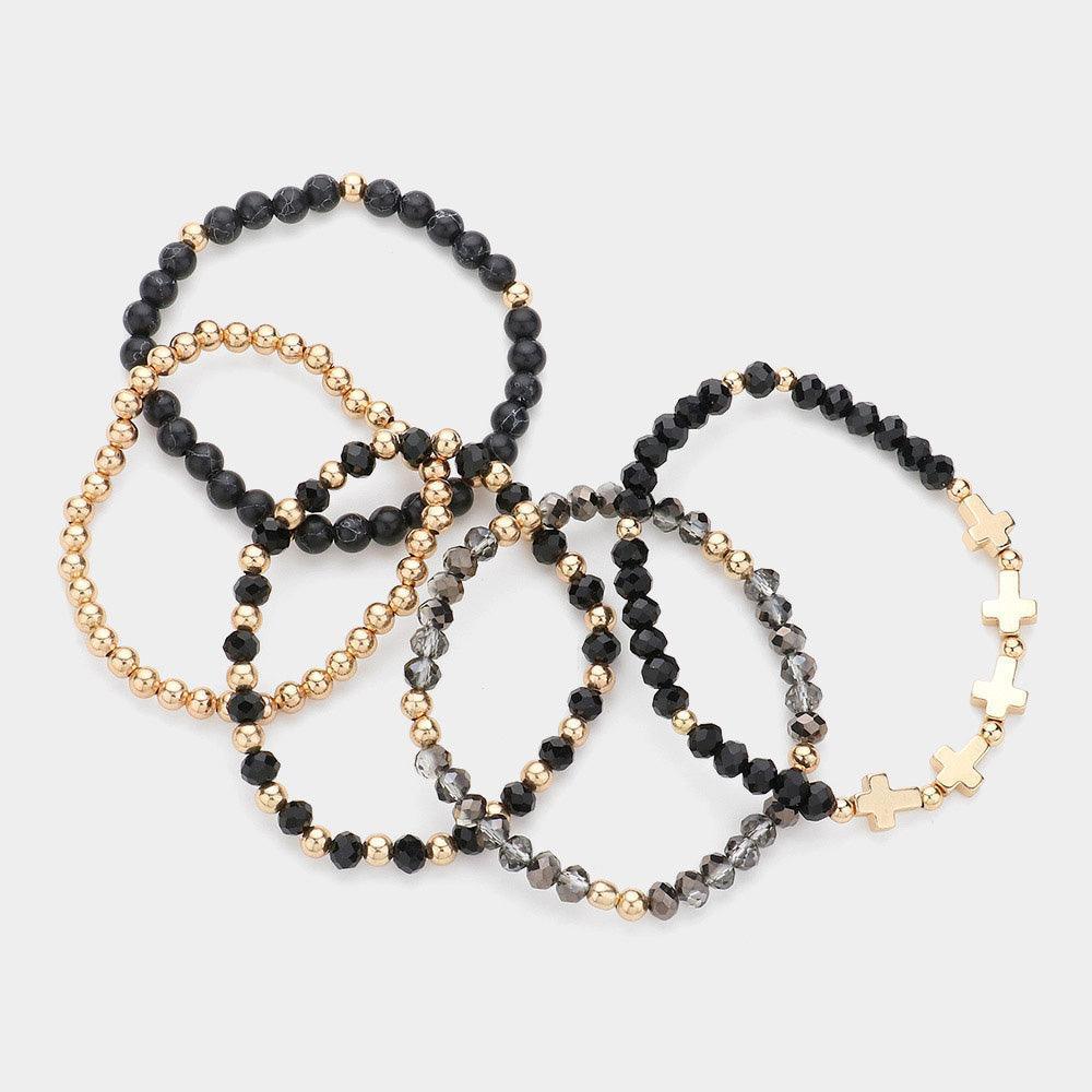 Black 5PCS Meatal Cross Ball Faceted Beads Natural Stone Beaded Stretch Multi Layered Bracelets - Jewelry Store by Erik Rayo