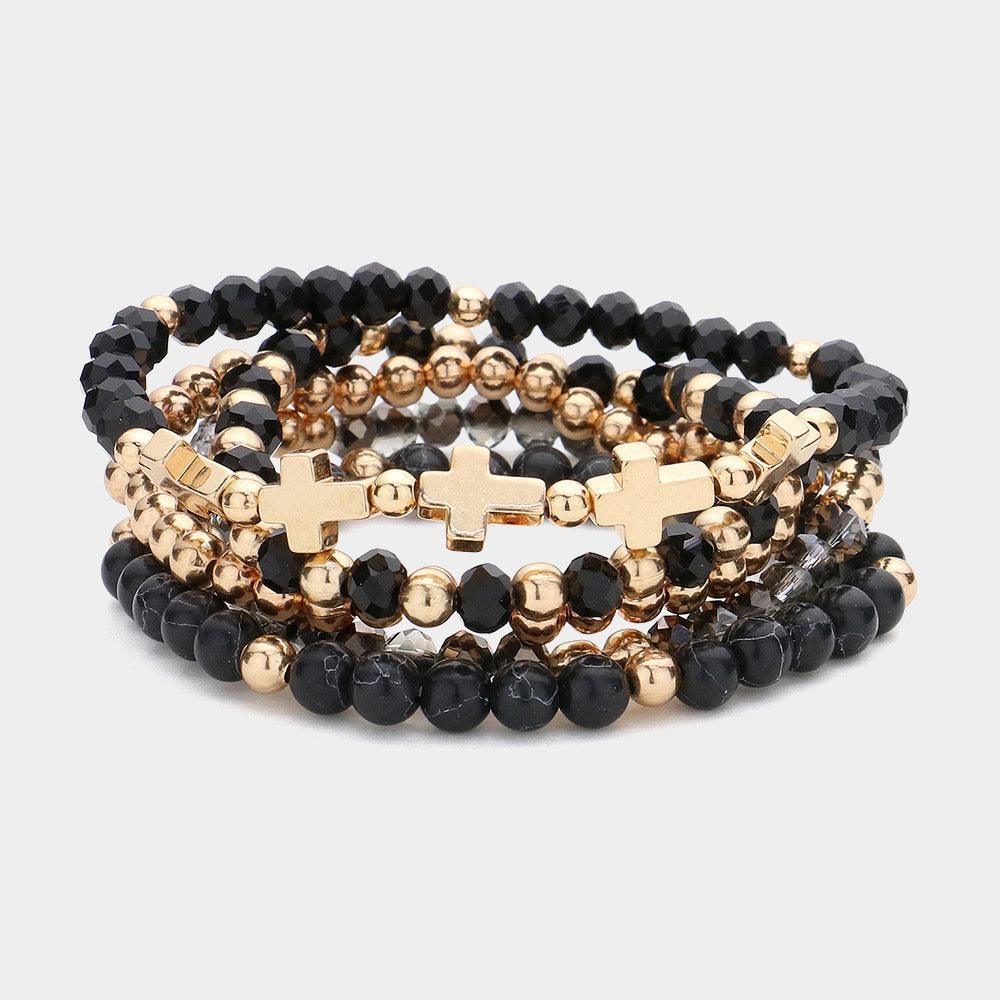 Black 5PCS Meatal Cross Ball Faceted Beads Natural Stone Beaded Stretch Multi Layered Bracelets - Jewelry Store by Erik Rayo