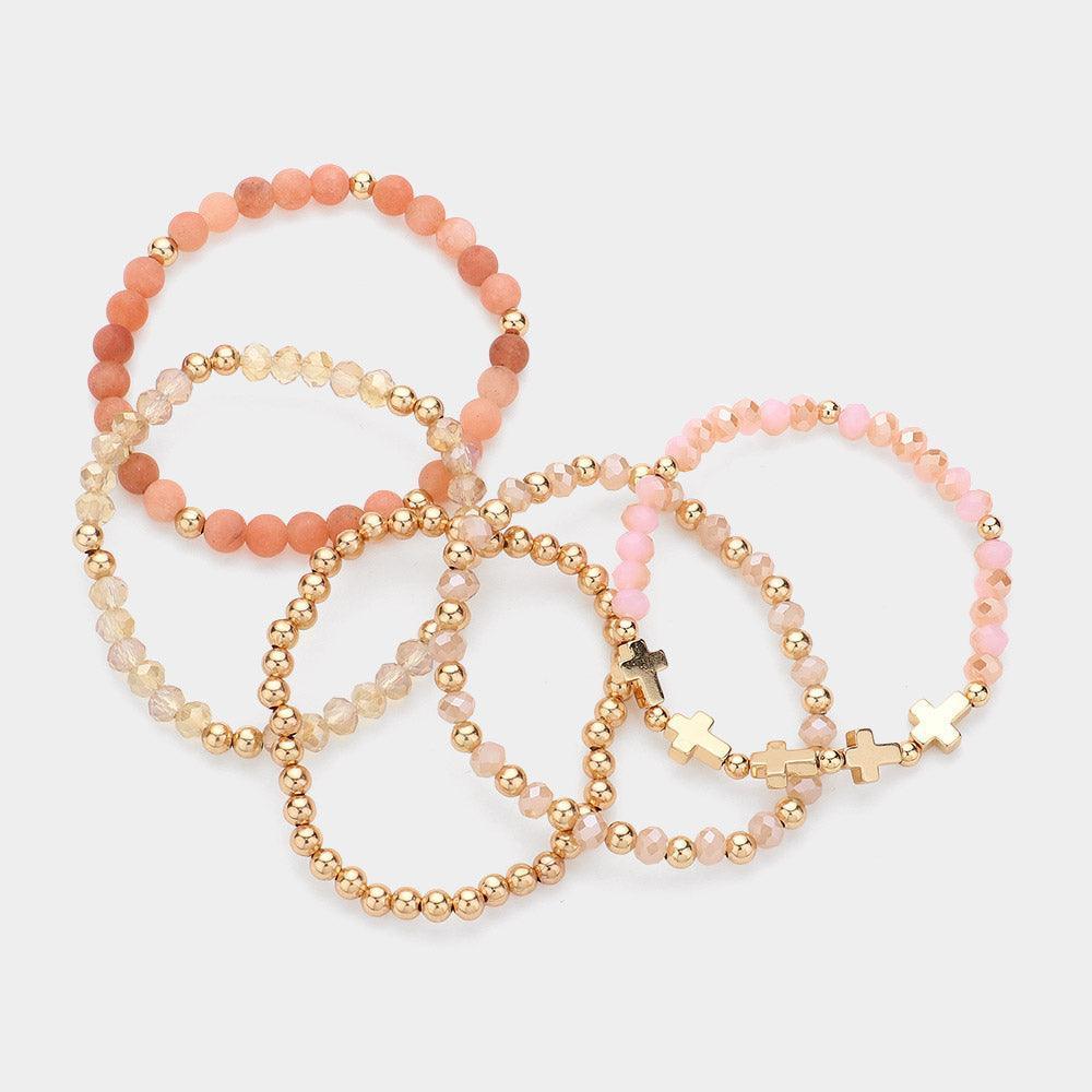 Pink 5PCS - Meatal Cross Ball Faceted Beads Natural Stone Beaded Stretch Multi Layered Bracelets - Jewelry Store by Erik Rayo