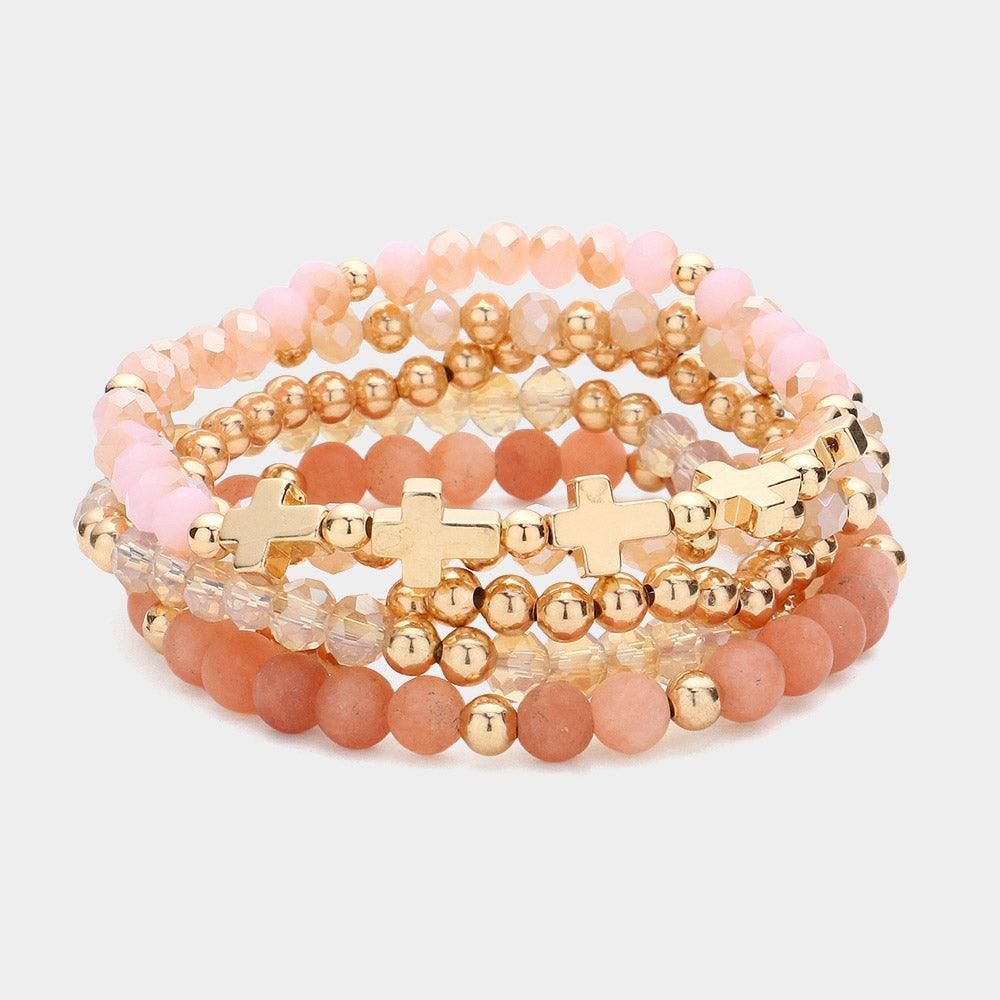 Pink 5PCS - Meatal Cross Ball Faceted Beads Natural Stone Beaded Stretch Multi Layered Bracelets - Jewelry Store by Erik Rayo