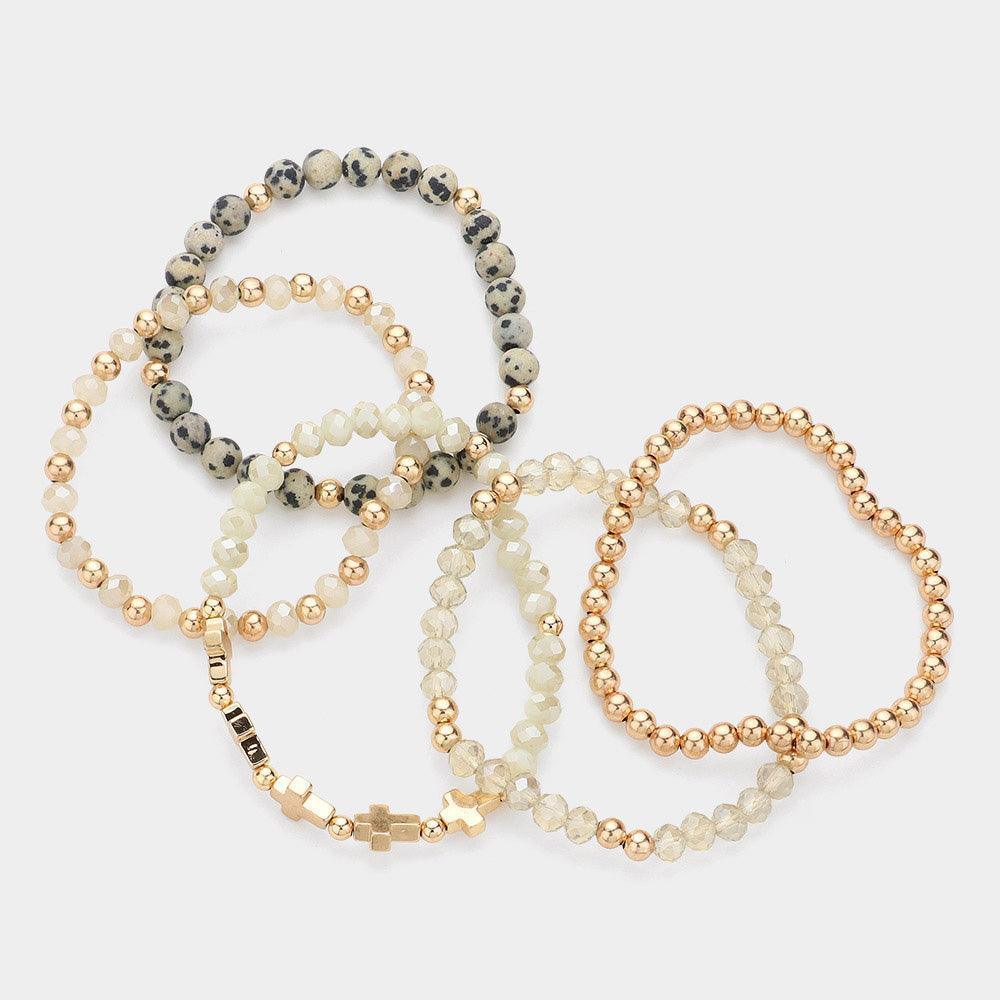 Black 5PCS Meatal Cross Ball Faceted Beads Natural Stone Beaded Stretch Multi Layered Bracelets - Jewelry Store by Erik Rayo