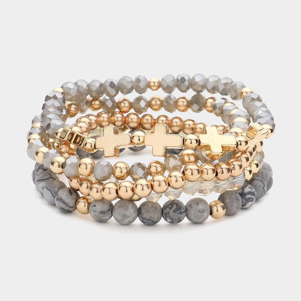 Silver 5PCS Meatal Cross Ball Faceted Beads Natural Stone Beaded Stretch Multi Layered Bracelets - Jewelry Store by Erik Rayo