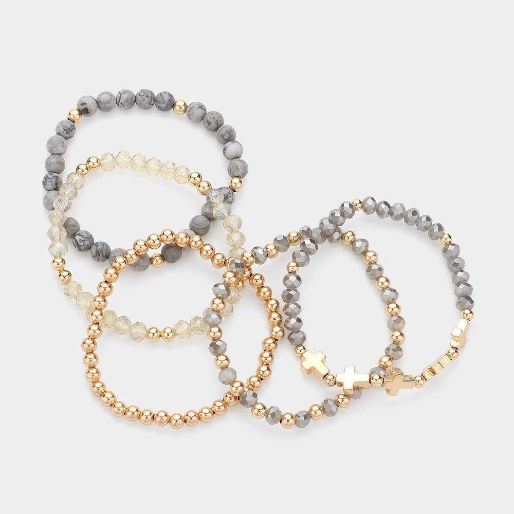 Silver 5PCS Meatal Cross Ball Faceted Beads Natural Stone Beaded Stretch Multi Layered Bracelets - Jewelry Store by Erik Rayo