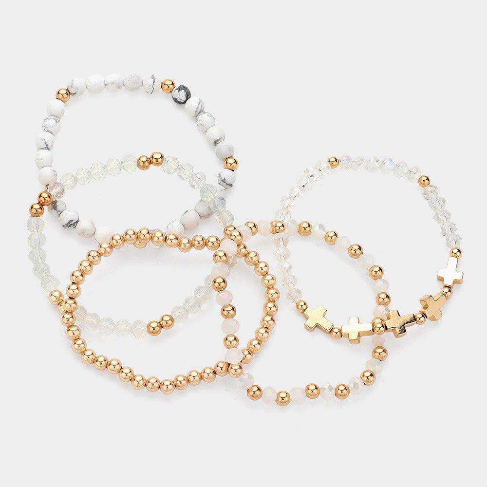 5PCS - Meatal Cross Ball Faceted Beads Natural Stone Beaded Stretch Multi Layered Bracelets - Jewelry Store by Erik Rayo