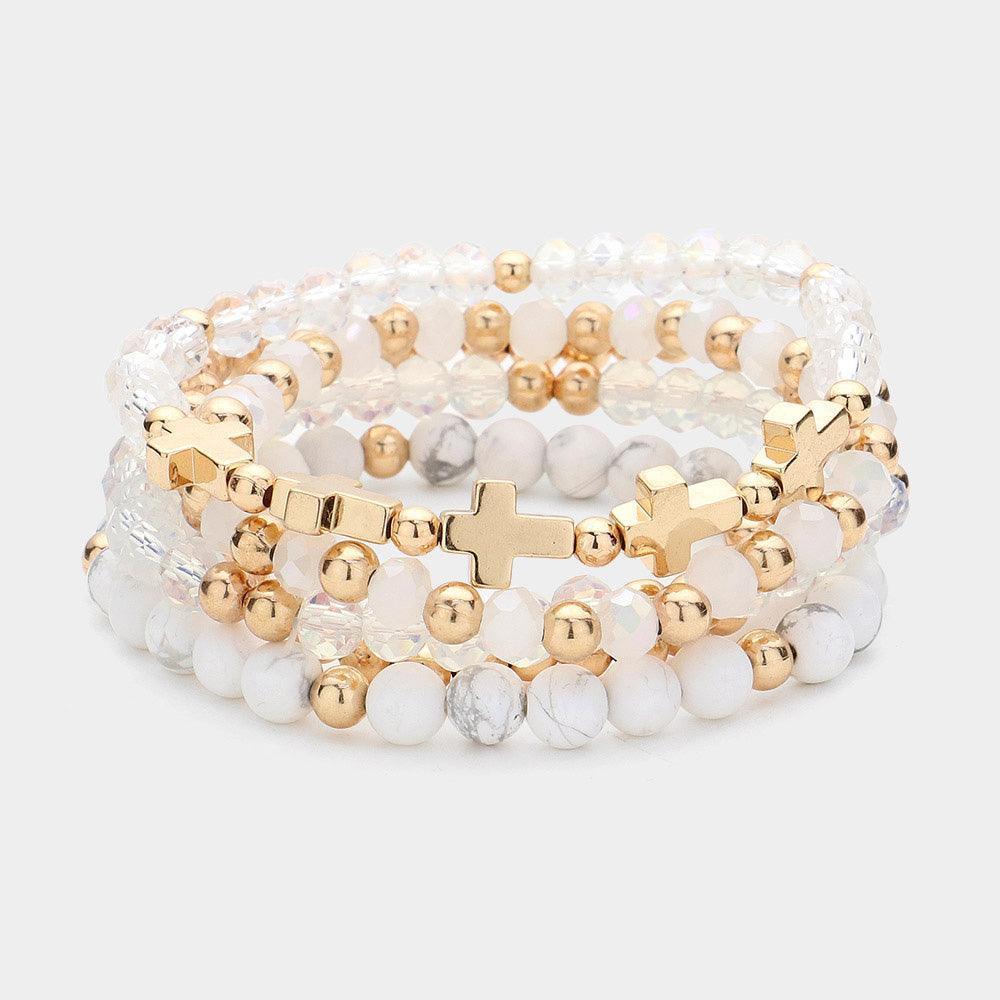 5PCS - Meatal Cross Ball Faceted Beads Natural Stone Beaded Stretch Multi Layered Bracelets - Jewelry Store by Erik Rayo