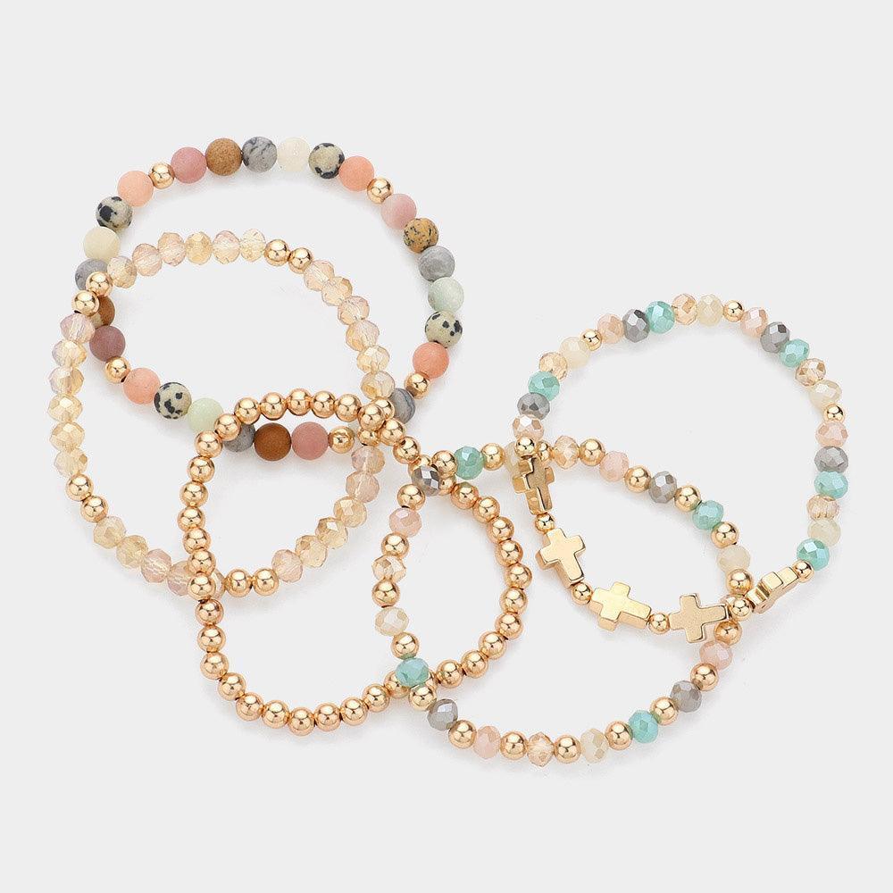 5PCS - Meatal Cross Ball Faceted Beads Natural Stone Beaded Stretch Multi Layered Bracelets - Jewelry Store by Erik Rayo