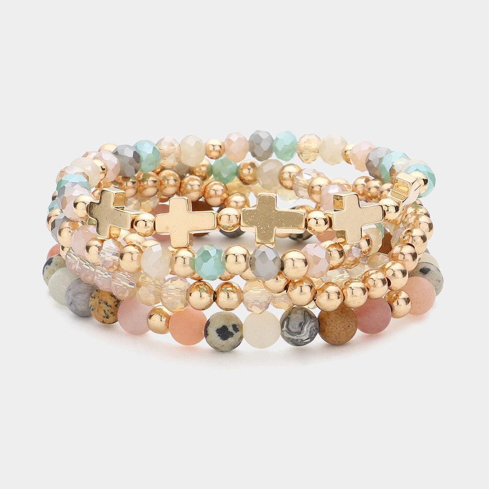 5PCS - Meatal Cross Ball Faceted Beads Natural Stone Beaded Stretch Multi Layered Bracelets - Jewelry Store by Erik Rayo