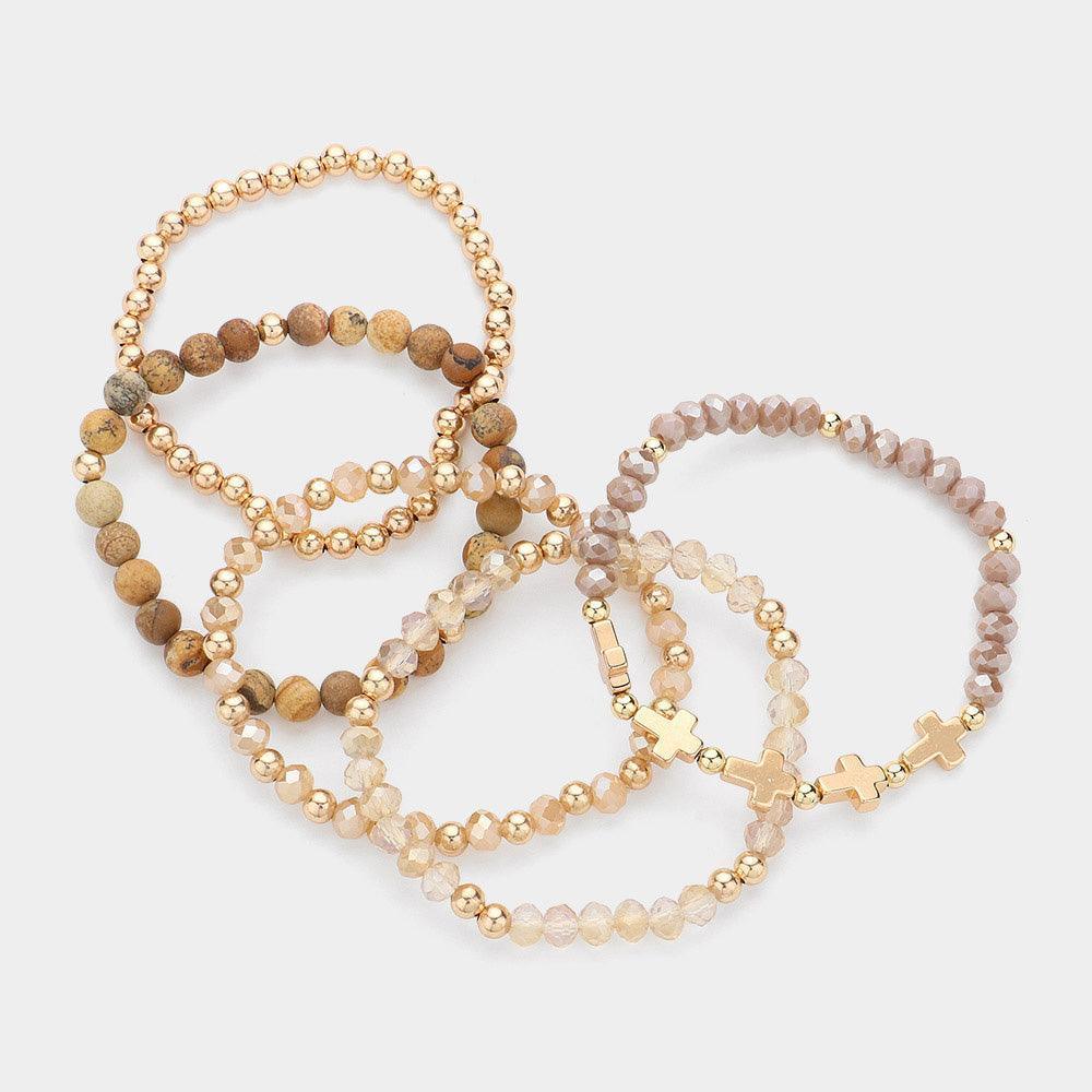 Brown 5PCS - Meatal Cross Ball Faceted Beads Natural Stone Beaded Stretch Multi Layered Bracelets - Jewelry Store by Erik Rayo