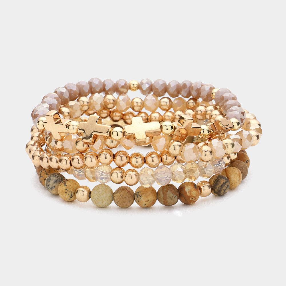 Brown 5PCS - Meatal Cross Ball Faceted Beads Natural Stone Beaded Stretch Multi Layered Bracelets