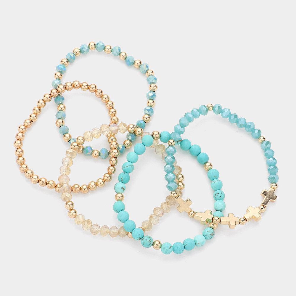 Turquoise 5PCS - Meatal Cross Ball Faceted Beads Natural Stone Beaded Stretch Multi Layered Bracelets - Jewelry Store by Erik Rayo