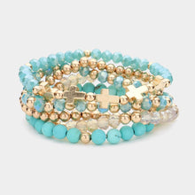 Load image into Gallery viewer, Turquoise 5PCS - Meatal Cross Ball Faceted Beads Natural Stone Beaded Stretch Multi Layered Bracelets
