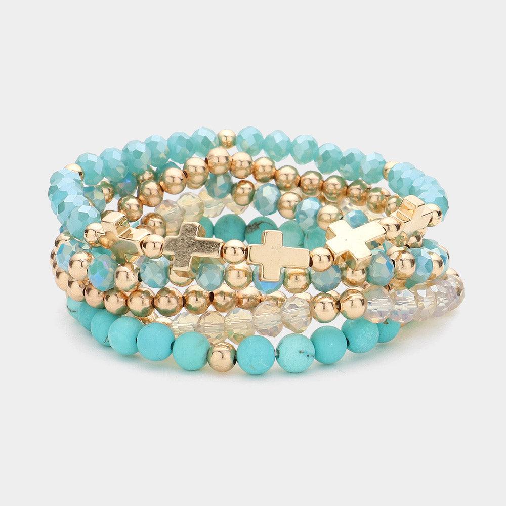 Turquoise 5PCS - Meatal Cross Ball Faceted Beads Natural Stone Beaded Stretch Multi Layered Bracelets