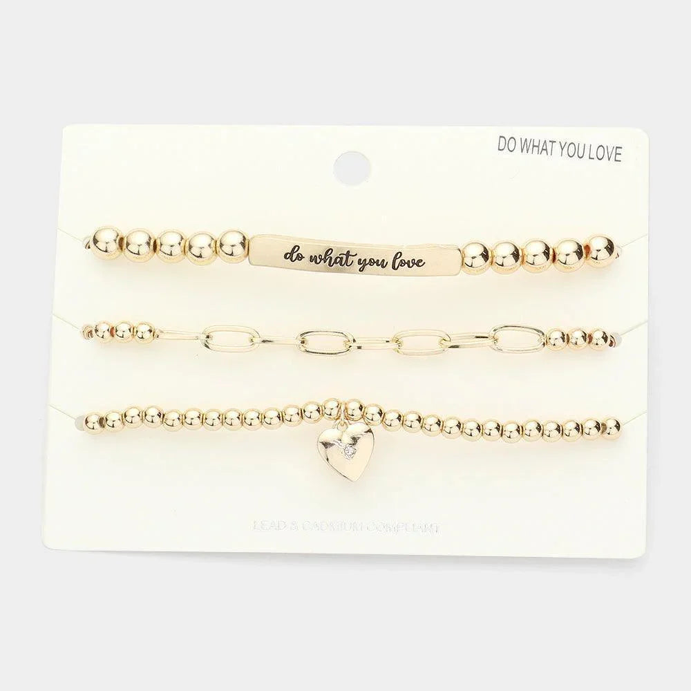Gold 3PCS DO WHAT YOU LOVE Metal Heart Charm Message Stretch Bracelets - Jewelry Store by Erik Rayo