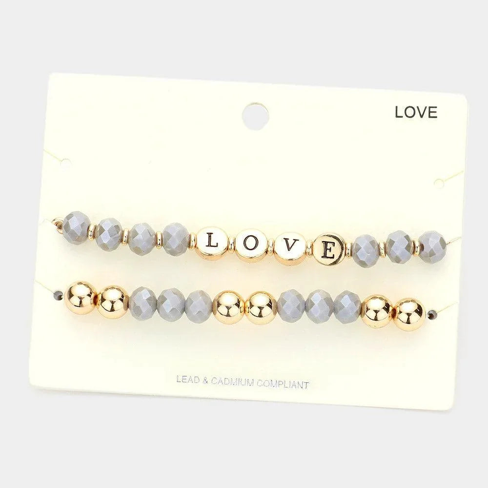 Gray 2PCS LOVE Message Faceted Beaded Stretch Bracelets - Jewelry Store by Erik Rayo