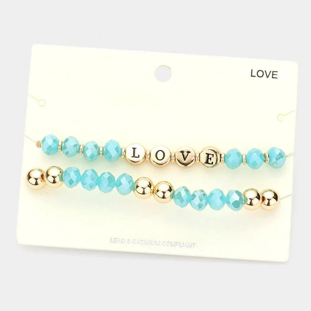 Turquoise 2PCS LOVE Message Faceted Beaded Stretch Bracelets - Jewelry Store by Erik Rayo