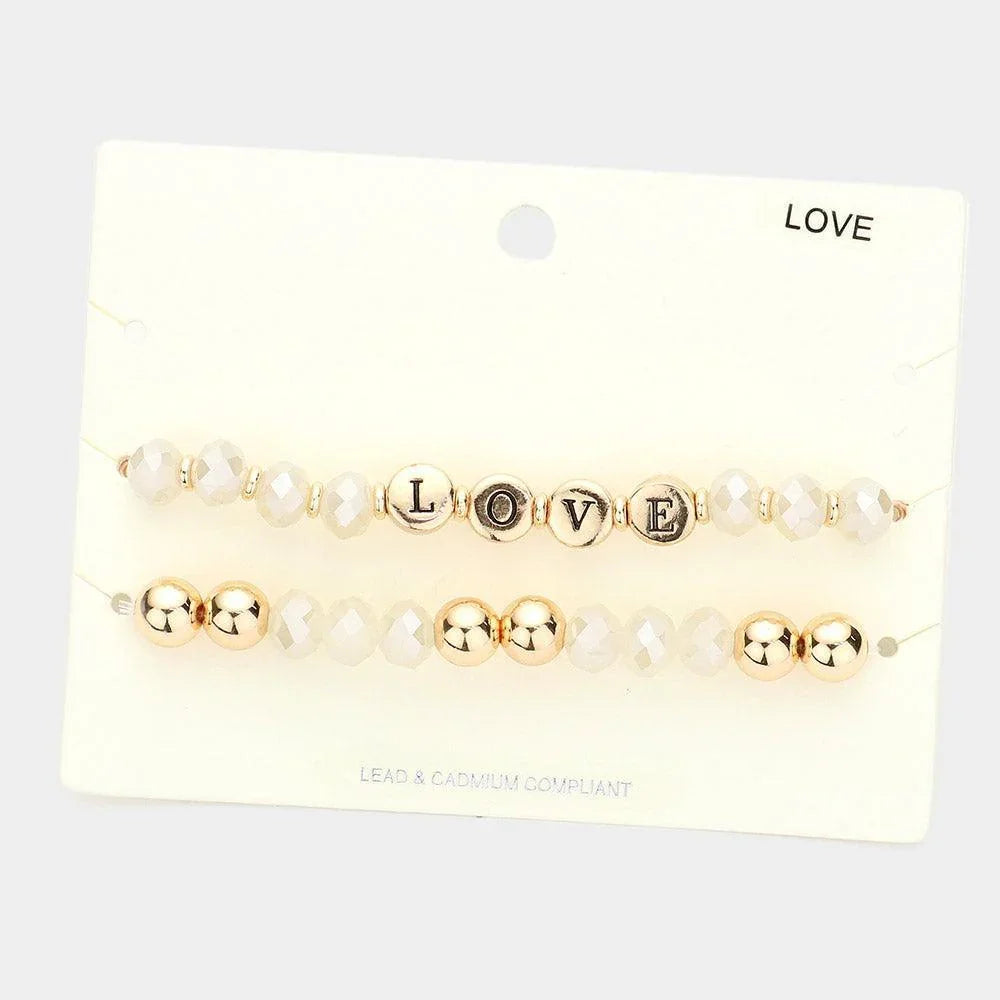 White 2PCS LOVE Message Faceted Beaded Stretch Bracelets - Jewelry Store by Erik Rayo