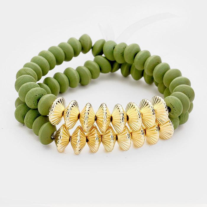 Green 2PCS Wood Bead Stretchable Bracelets - Jewelry Store by Erik Rayo