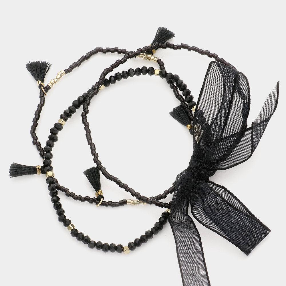 Black 3PCS Beaded Tiny Tassel Station Stretch Bracelets - Jewelry Store by Erik Rayo