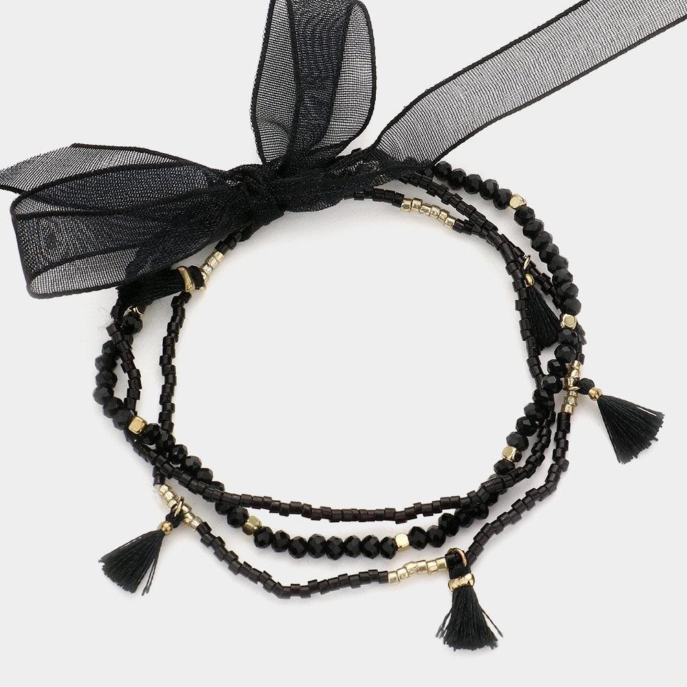 Black 3PCS Beaded Tiny Tassel Station Stretch Bracelets - Jewelry Store by Erik Rayo