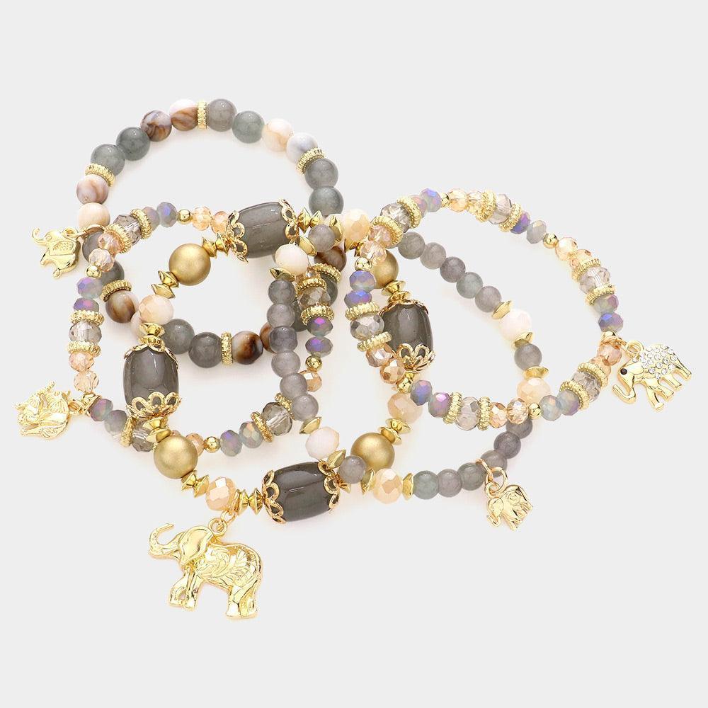 5PCS - Metal Elephant Charm Multi Beaded Stretch Bracelets - Jewelry Store by Erik Rayo