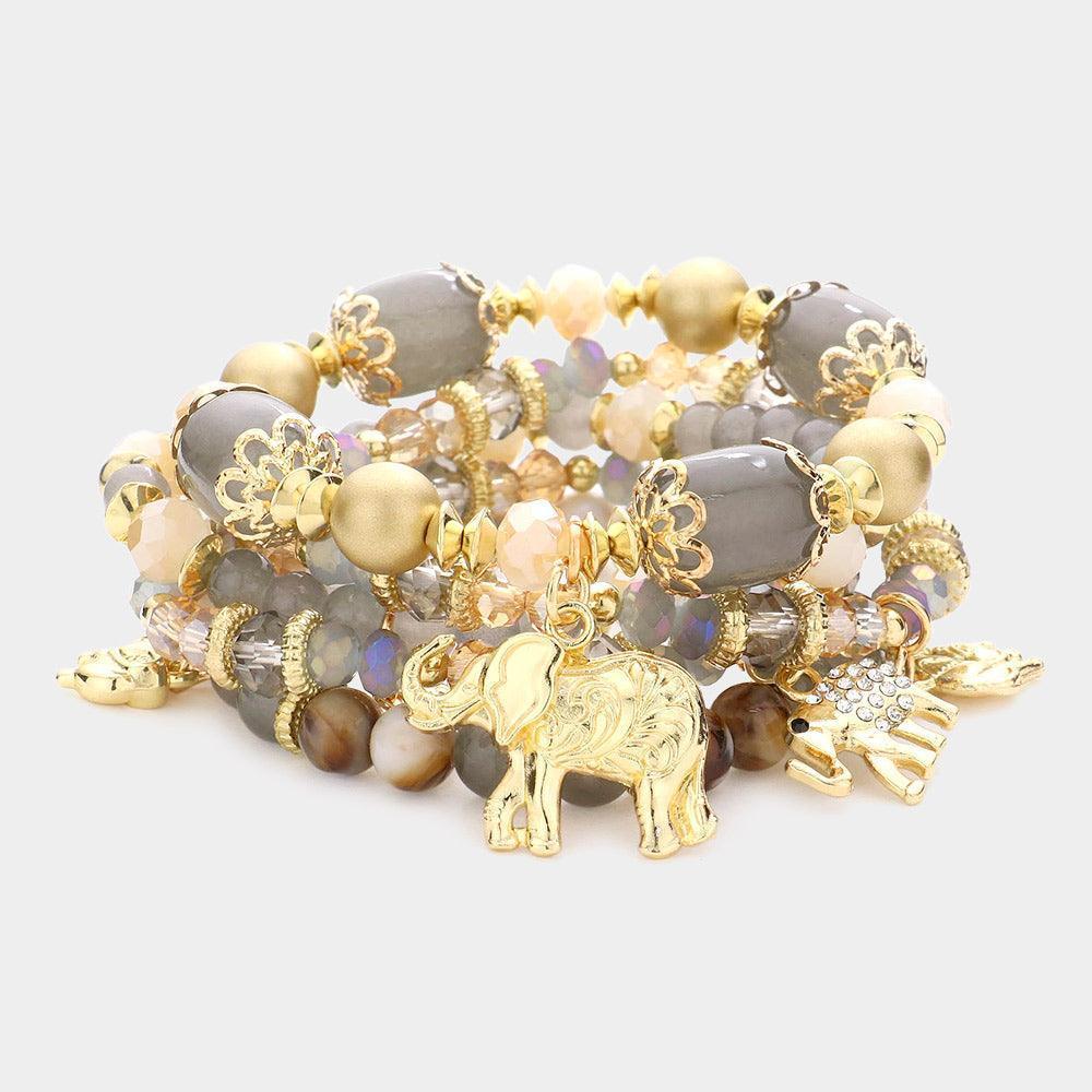 5PCS - Metal Elephant Charm Multi Beaded Stretch Bracelets - Jewelry Store by Erik Rayo