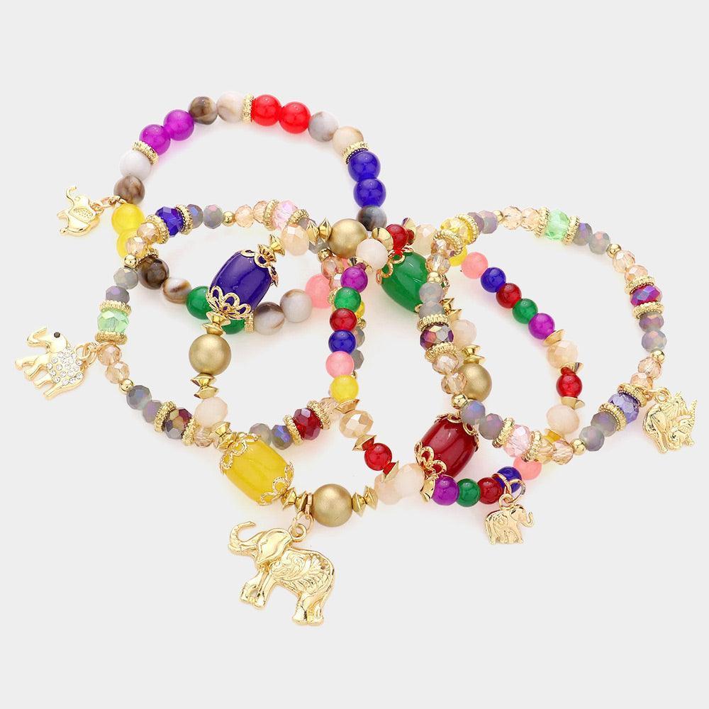 5PCS - Metal Elephant Charm Multi Beaded Stretch Bracelets - Jewelry Store by Erik Rayo