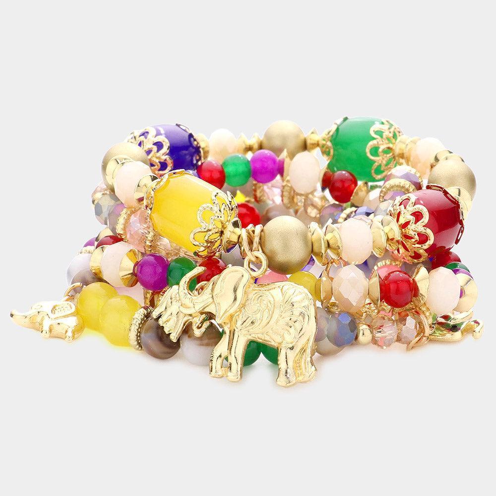 5PCS - Metal Elephant Charm Multi Beaded Stretch Bracelets - Jewelry Store by Erik Rayo