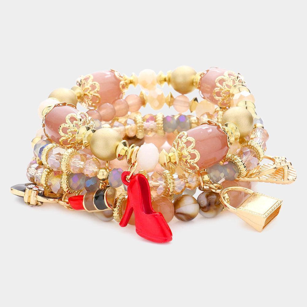 5PCS - Tote Bag Flip Flop Stiletto Heel Lipstick Charm Multi Beaded Stretch Bracelets - Jewelry Store by Erik Rayo