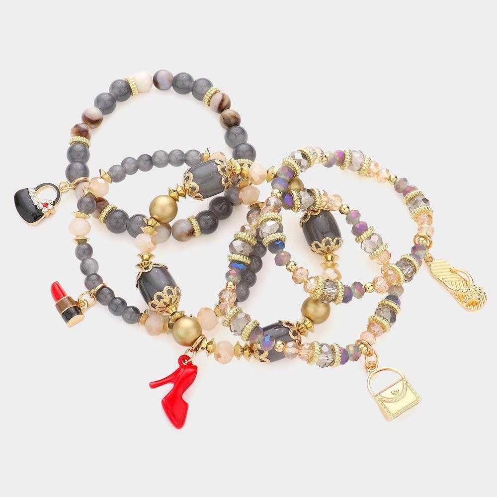 5PCS - Tote Bag Flip Flop Stiletto Heel Lipstick Charm Multi Beaded Stretch Bracelets - Jewelry Store by Erik Rayo