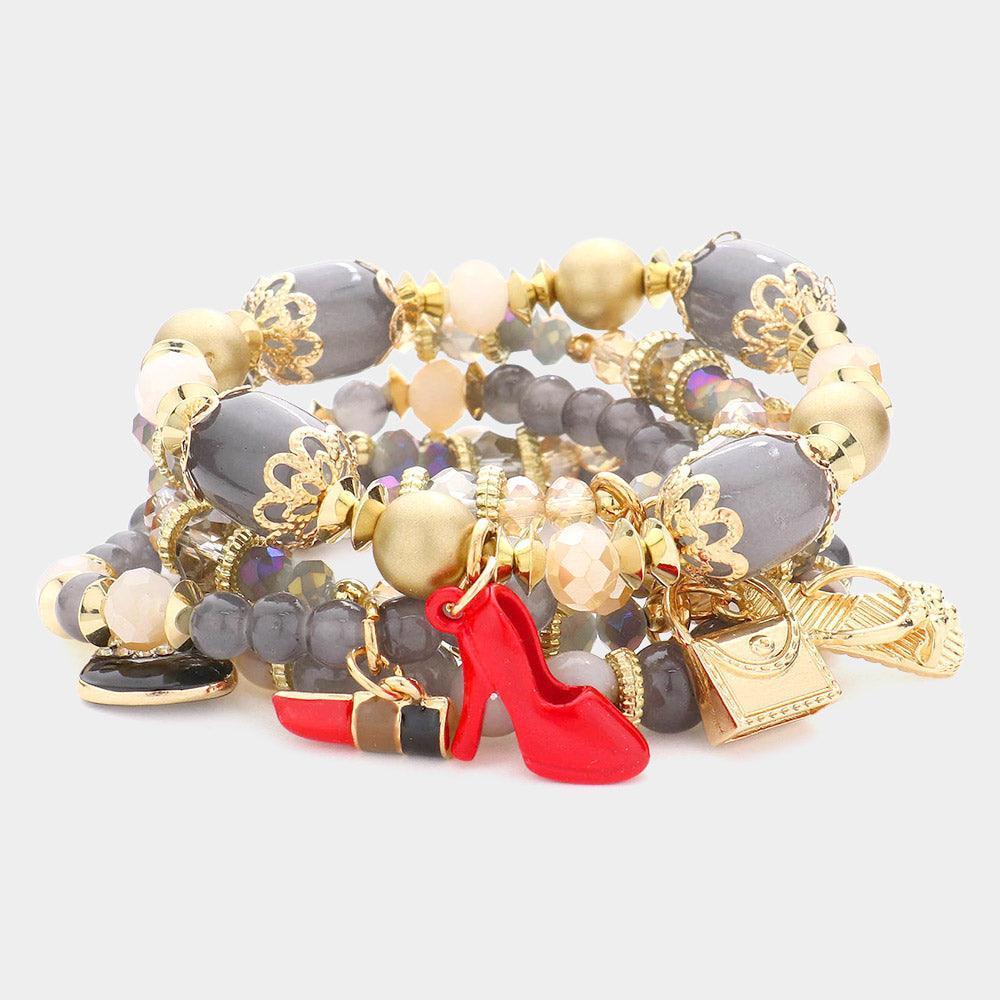5PCS - Tote Bag Flip Flop Stiletto Heel Lipstick Charm Multi Beaded Stretch Bracelets - Jewelry Store by Erik Rayo