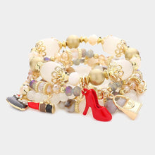 Load image into Gallery viewer, White 5PCS - Tote Bag Flip Flop Stiletto Heel Lipstick Charm Multi Beaded Stretch Bracelets
