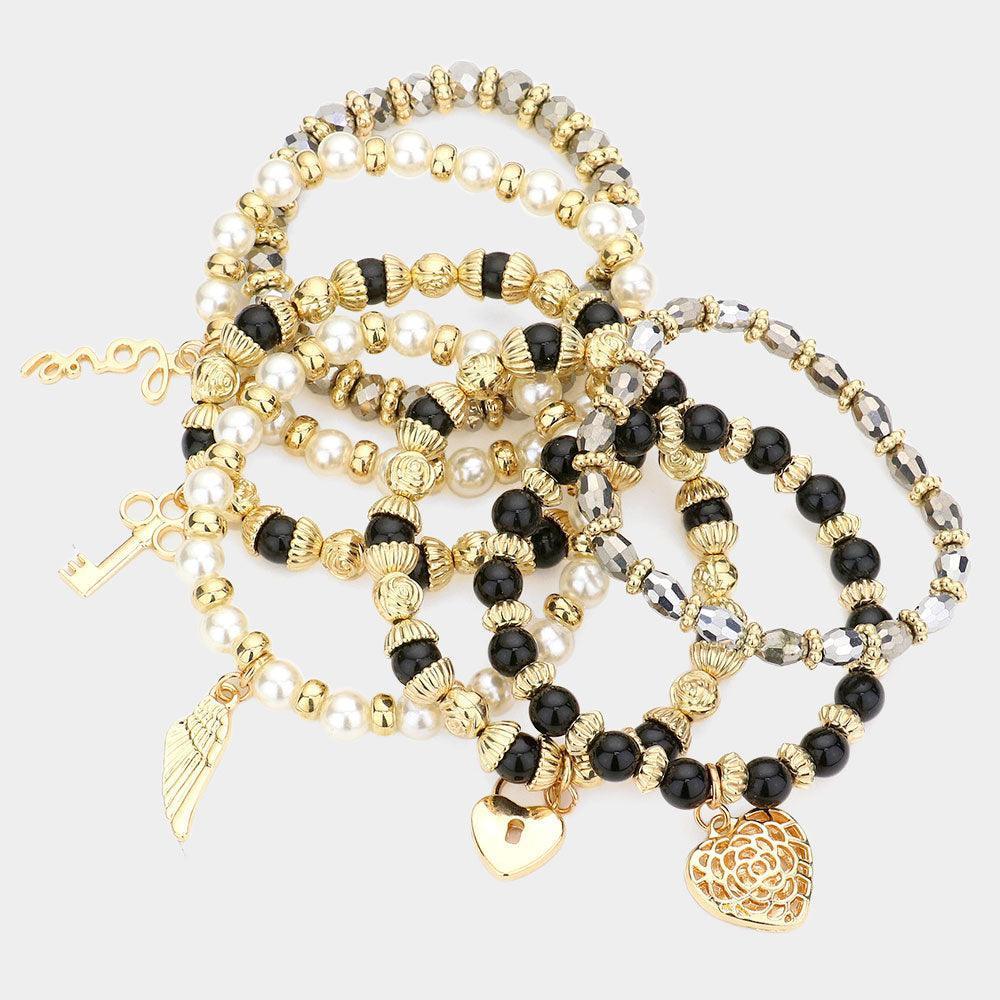 Gold 7PCS Multi Beaded Dangle Pendant Stretch Layered Bracelets - Jewelry Store by Erik Rayo