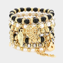 Load image into Gallery viewer, Gold 7PCS  Multi Beaded Dangle Pendant Stretch Layered Bracelets
