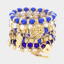 Load image into Gallery viewer, Gold 7PCS  Multi Beaded Dangle Pendant Stretch Layered Bracelets
