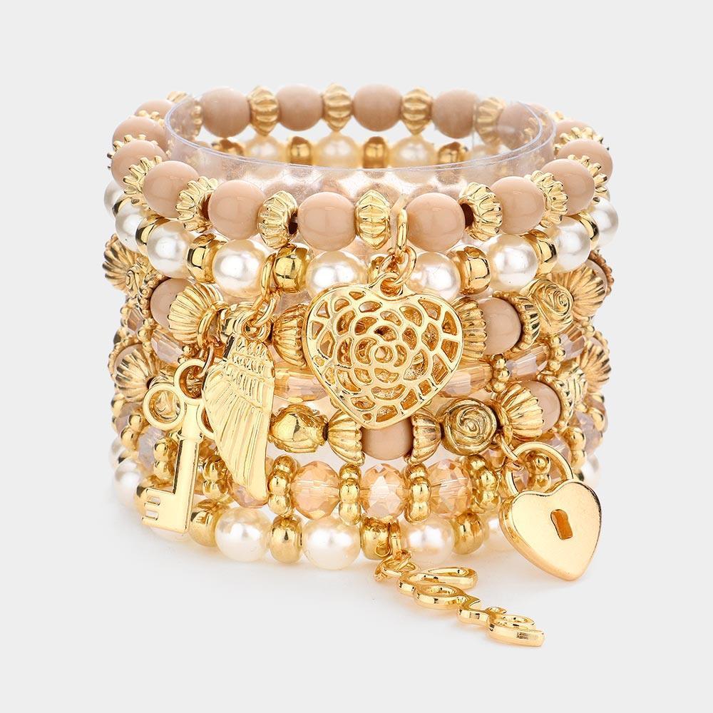 Brown 7PCS - Multi Beaded Dangle Pendant Stretch Layered Bracelets - Jewelry Store by Erik Rayo