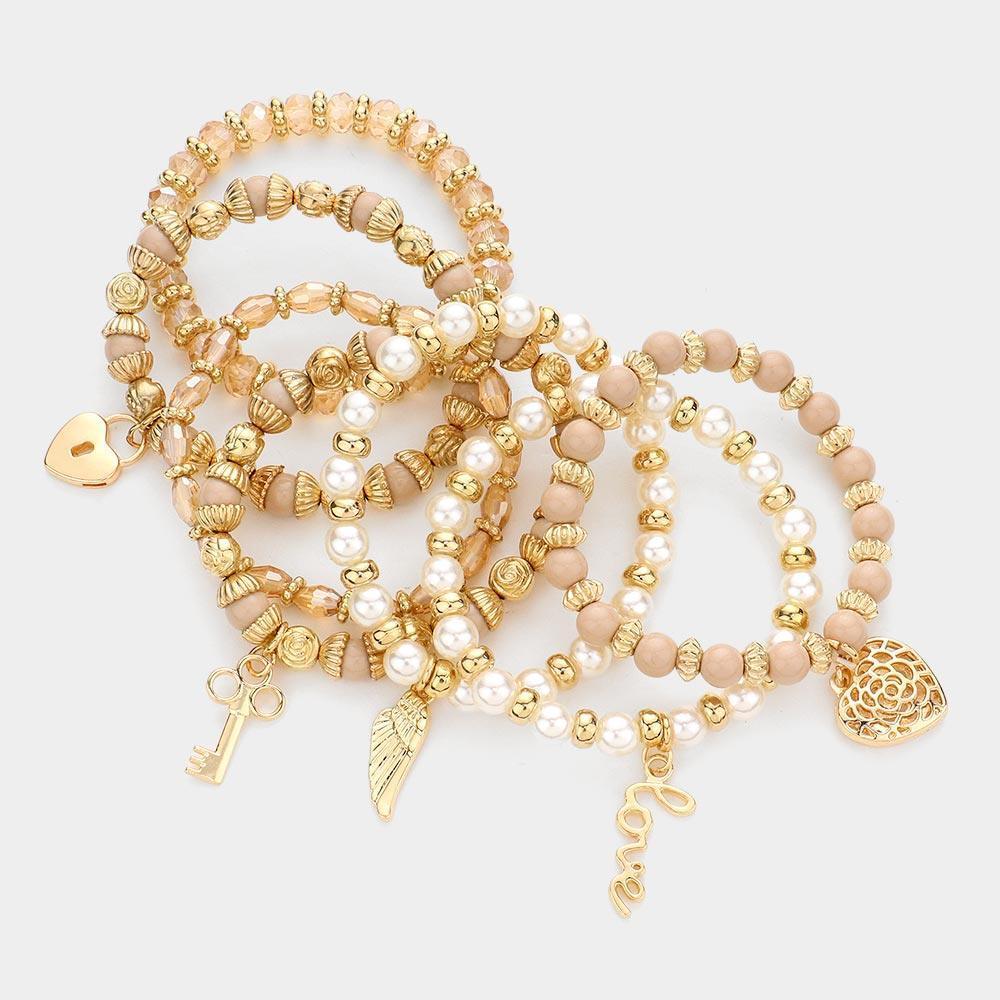 Brown 7PCS - Multi Beaded Dangle Pendant Stretch Layered Bracelets - Jewelry Store by Erik Rayo