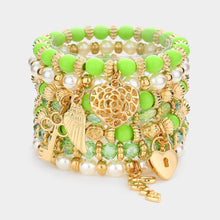 Load image into Gallery viewer, Green 7PCS - Multi Beaded Dangle Pendant Stretch Layered Bracelets
