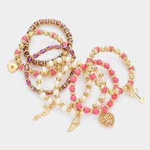 Load image into Gallery viewer, Pink 7PCS - Multi Beaded Dangle Pendant Stretch Layered Bracelets
