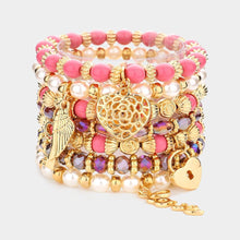 Load image into Gallery viewer, Pink 7PCS - Multi Beaded Dangle Pendant Stretch Layered Bracelets
