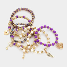 Load image into Gallery viewer, Purple 7PCS - Multi Beaded Dangle Pendant Stretch Layered Bracelets
