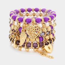 Load image into Gallery viewer, Purple 7PCS - Multi Beaded Dangle Pendant Stretch Layered Bracelets
